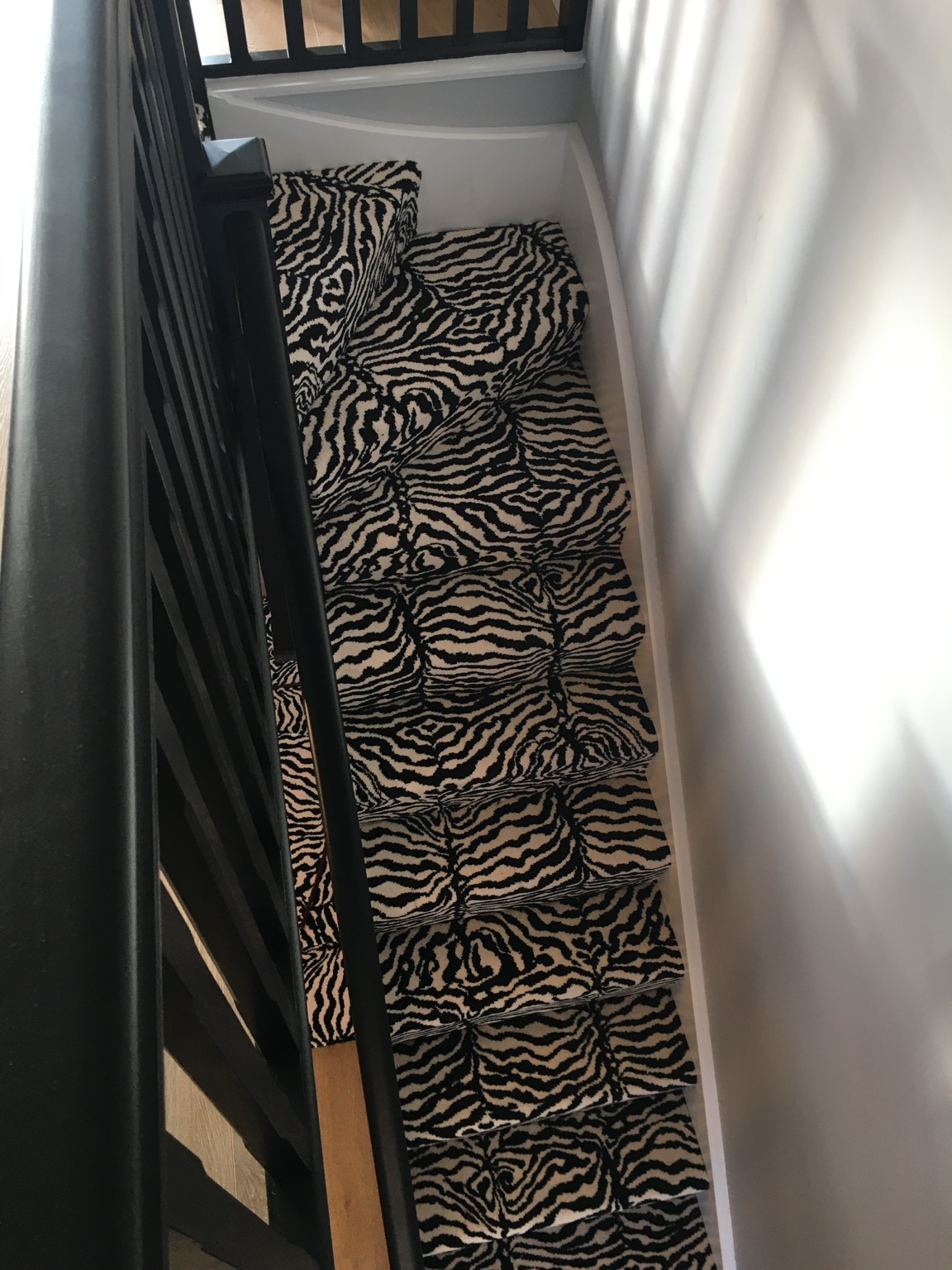 Animal-print staircase with dark wooden rail