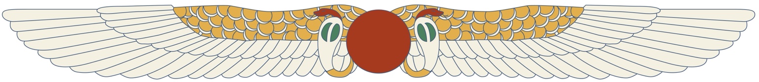Egyptian winged sun disc in gold, red and blue